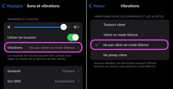 ne pas vibrer en mode silence