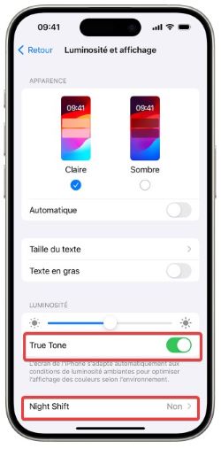 true tone et night shift iphone